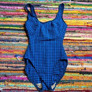 Vintage Ruched Blue Checkered One-Piece Swimsuit – Fits Like Small